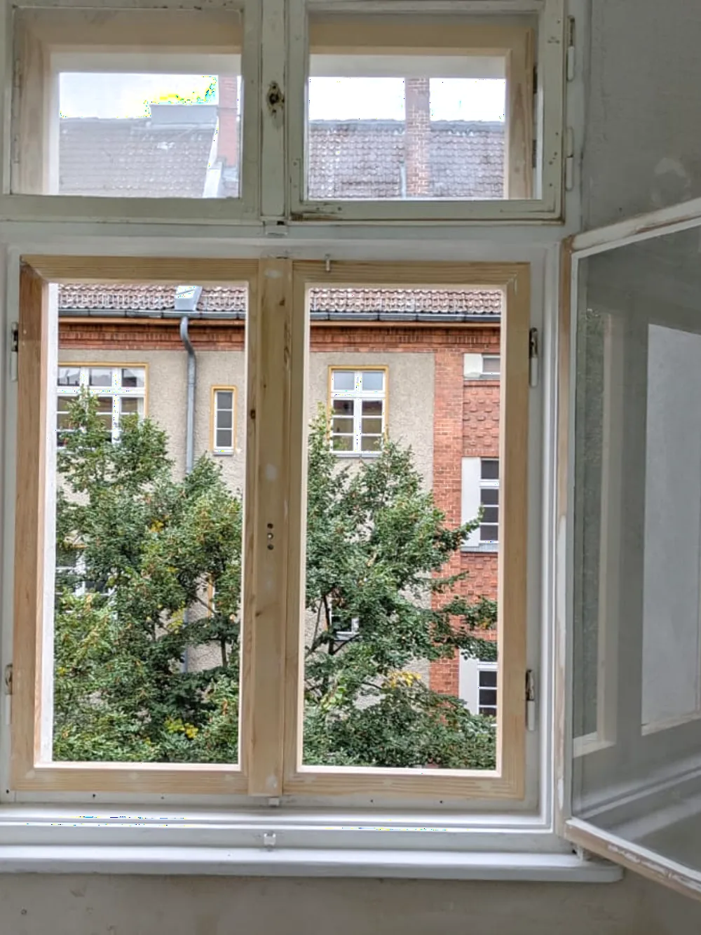 Geöffnetes Holzfenster mit Blick ins Grüne